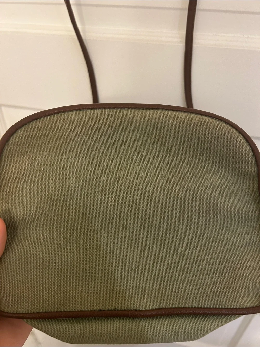 🛍 2/$18 Etienne Aigner Olive Canvas Crossbody with Brown Trim and Brass Plaque